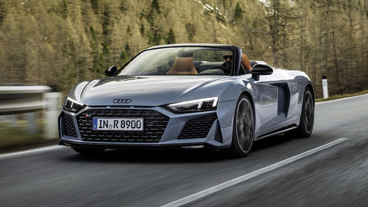 Silver 2022 Audi R8 V10 on the road