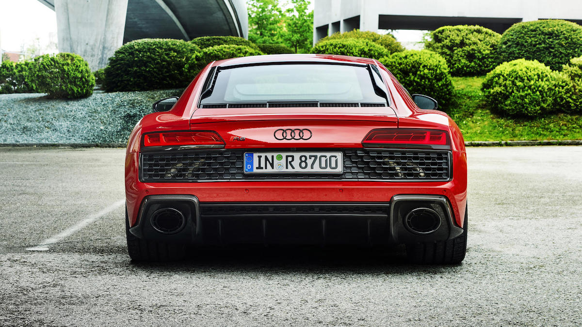 Back view of the red 2022 Audi R8 V10
