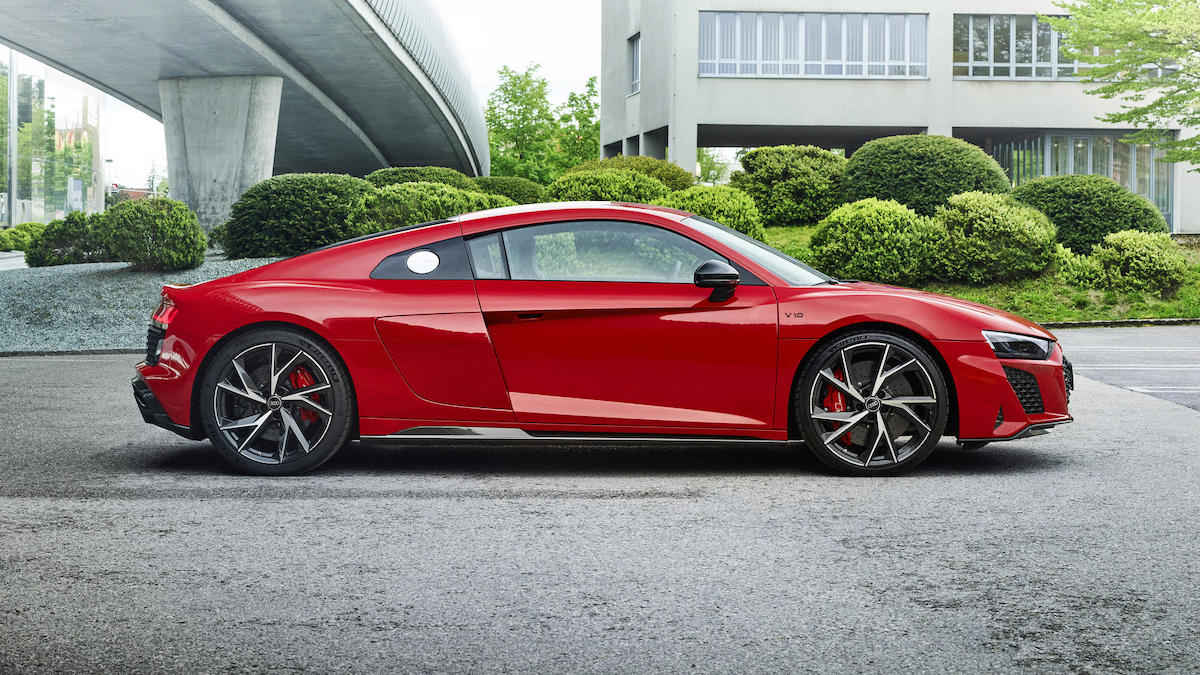 Side view of the red 2022 Audi R8 V10