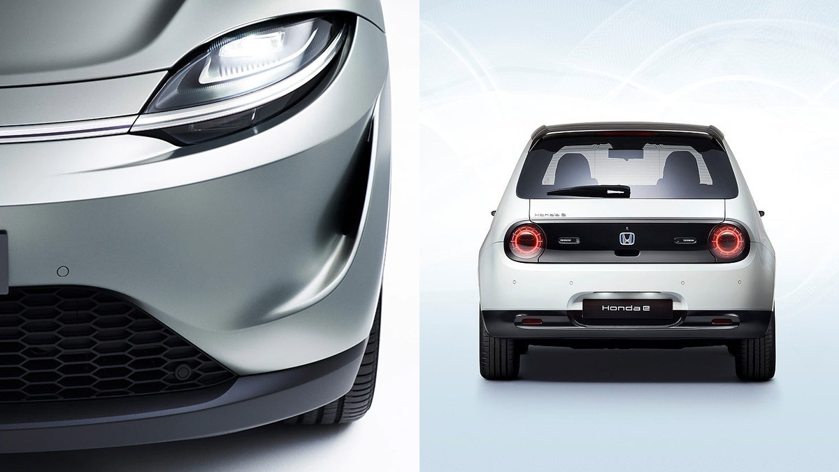photo of Sony’s concept car side-by-side with the Honda e to depict the new Sony Honda Mobility company
