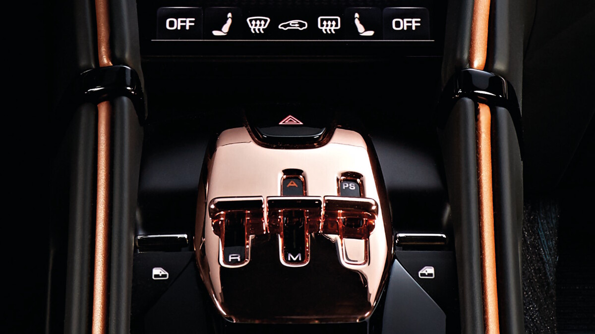 Copper-plated gearshift of a Japan-themed Ferrari Roma by Ferrari Tailor Made
