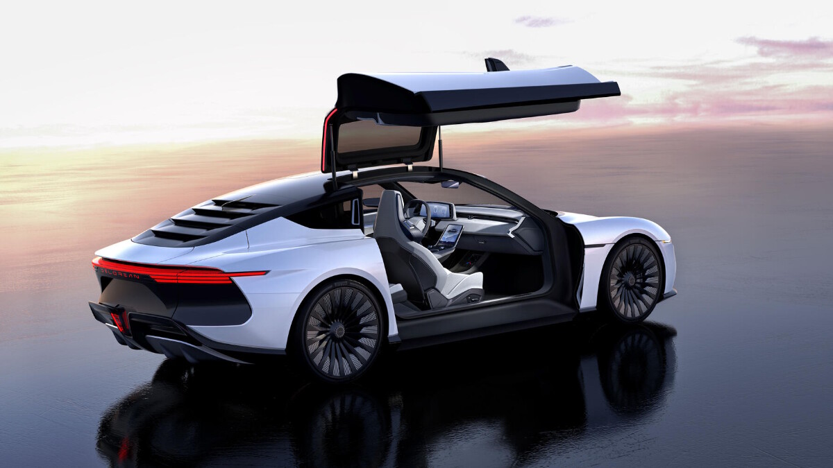 Rear view and gullwing doors of the DeLorean Motor Company Alpha 5