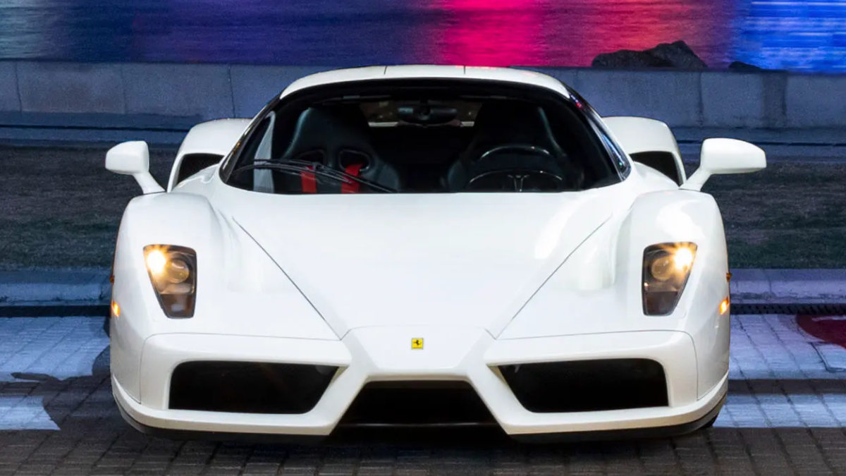 front quarter photo of the white Ferrari Enzo