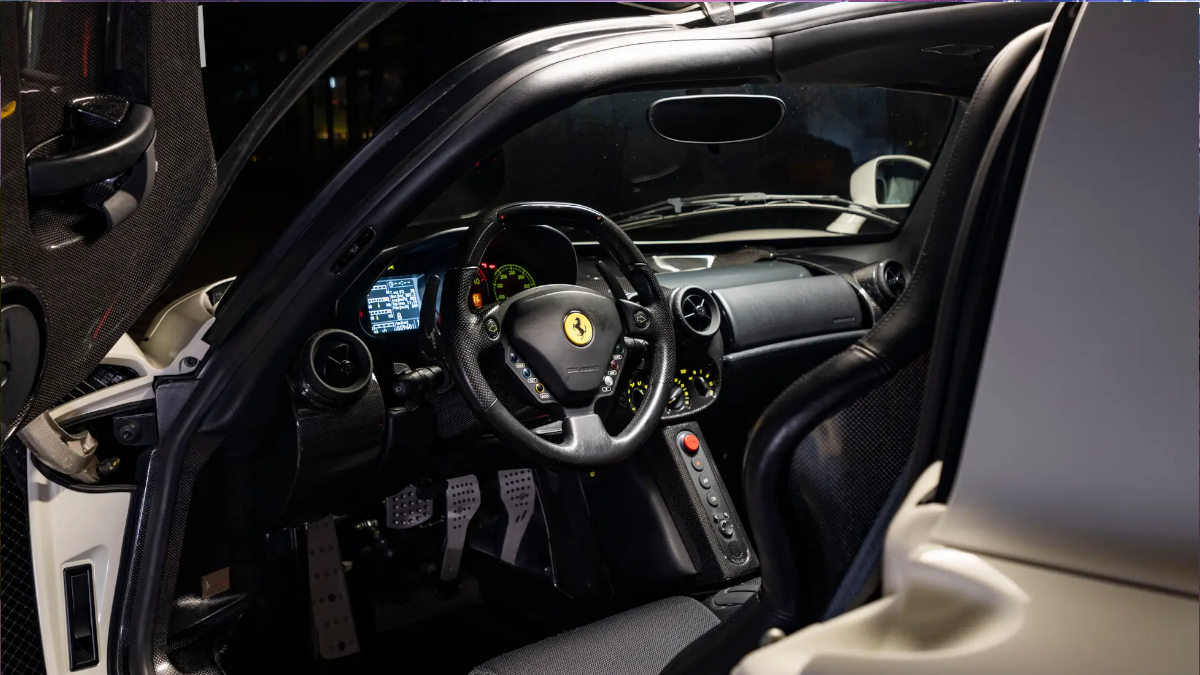 interior photo of the white Ferrari Enzo