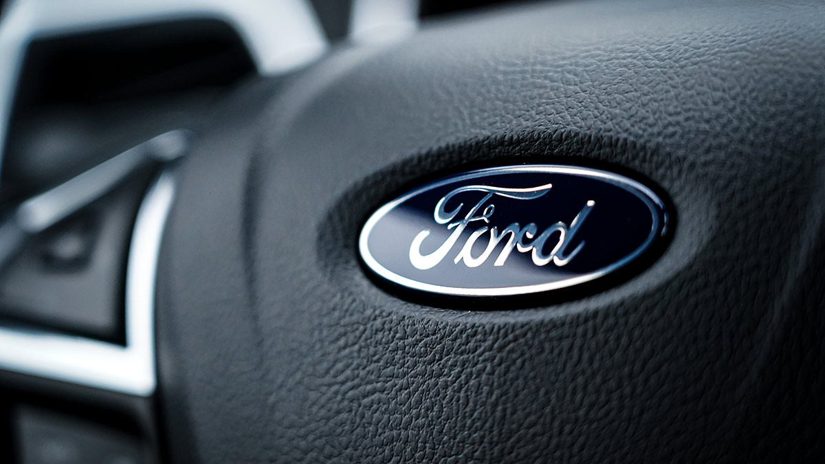 Photo of Ford logo on steering wheel