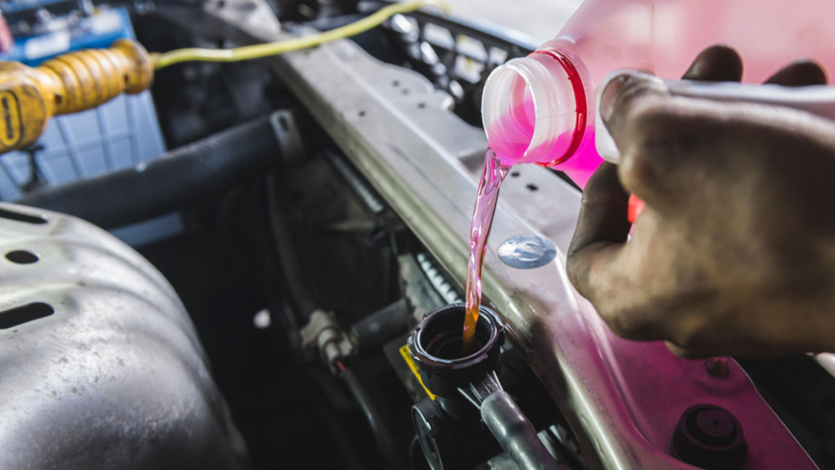 Coolant being poured into a car’s radiator