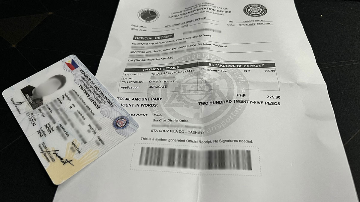 photo of lto driver's license receipt with license card