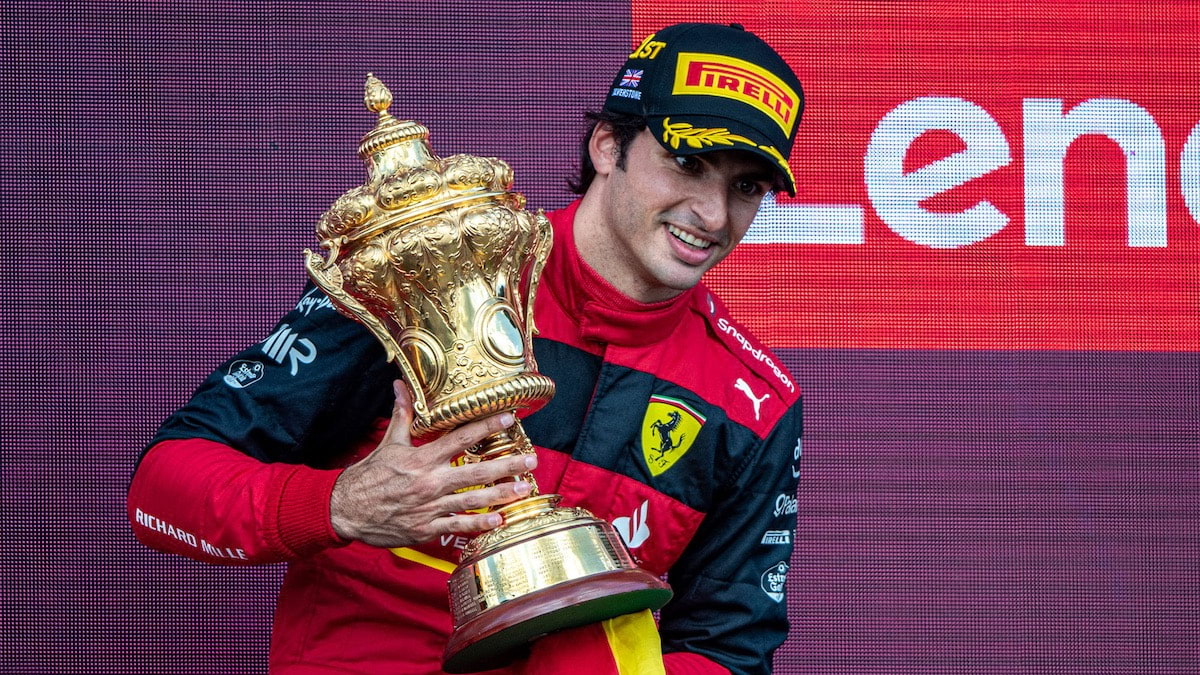 Carlos Sainz Jr. of Scuderia Ferrari celebrates after taking his first Formula 1 win at the 2022 Spanish Grand Prix