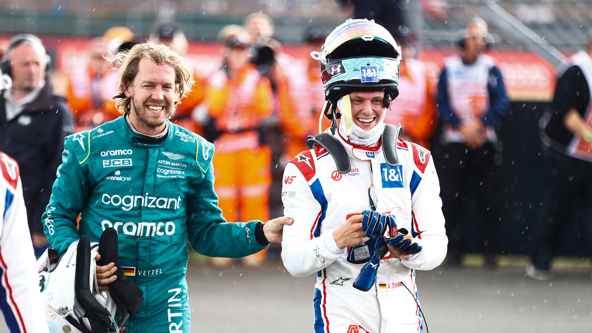 Haas F1 driver Mick Schumacher with Aston Martin F1 driver Sebastian Vettel