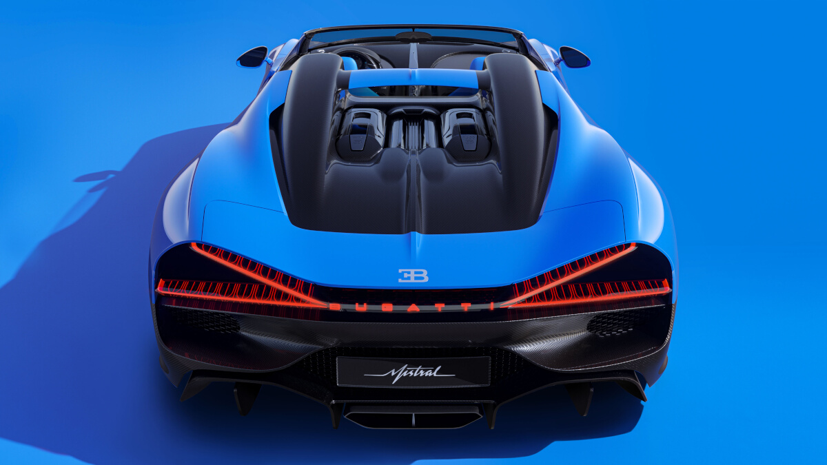 Rear view of the Bugatti Mistral in blue