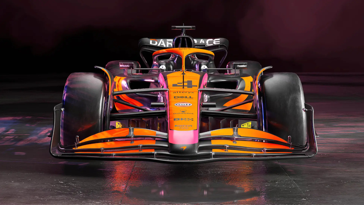 McLaren F1 car in cyberpunk livery
