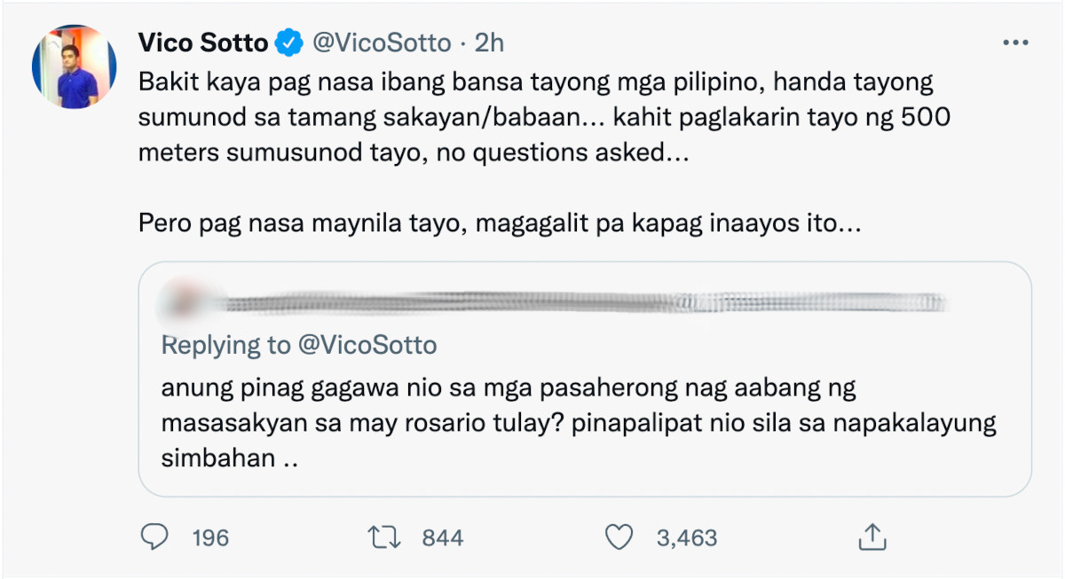 Pasig City mayor Vico Sotto replying to a netizen on Twitter