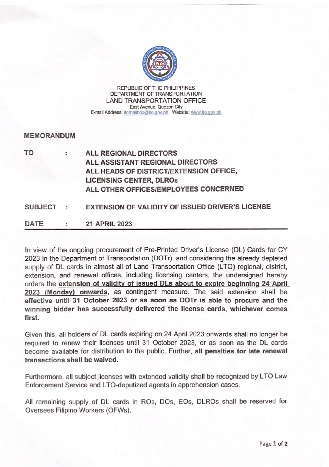 LTO memorandum on extension of driver’s license validity