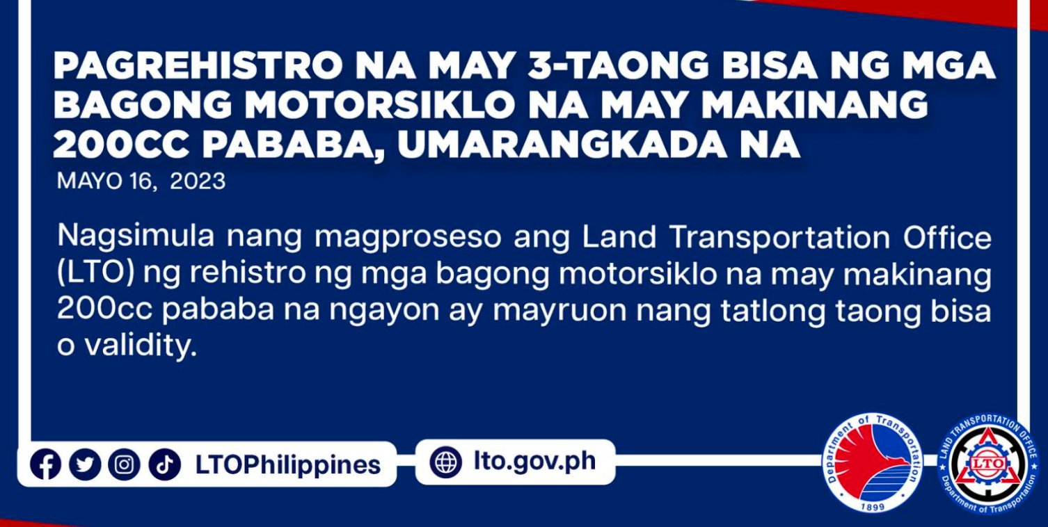 3-year LTO registration for new motorcycles now available