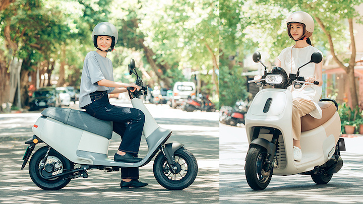 Images of the Gogoro x Muji Viva Me and Gogoro x Muji Viva Mix Me e-scooters