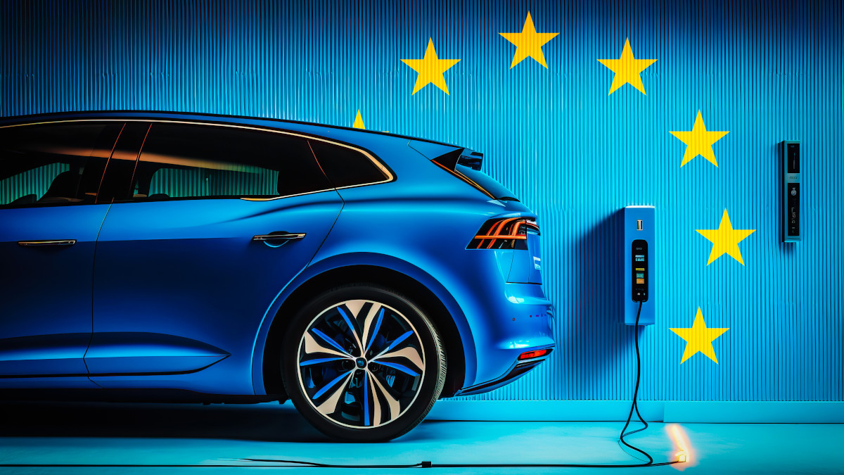 Image of a blue electric vehicle with the European Union flag motif in the background