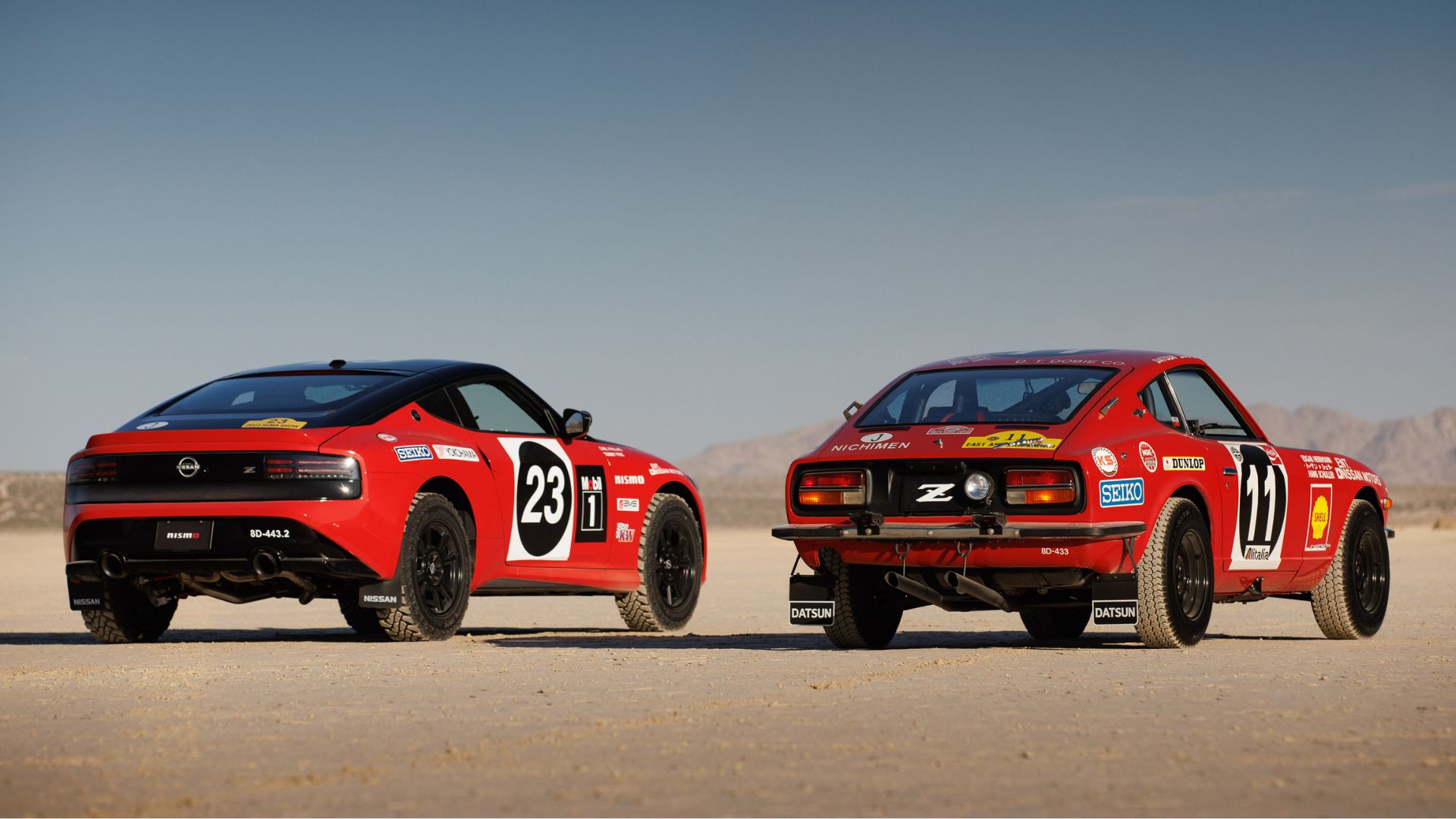 The Nissan Z Rally Tribute beside replica of 1971 East African Safari-winning Datsun 240Z