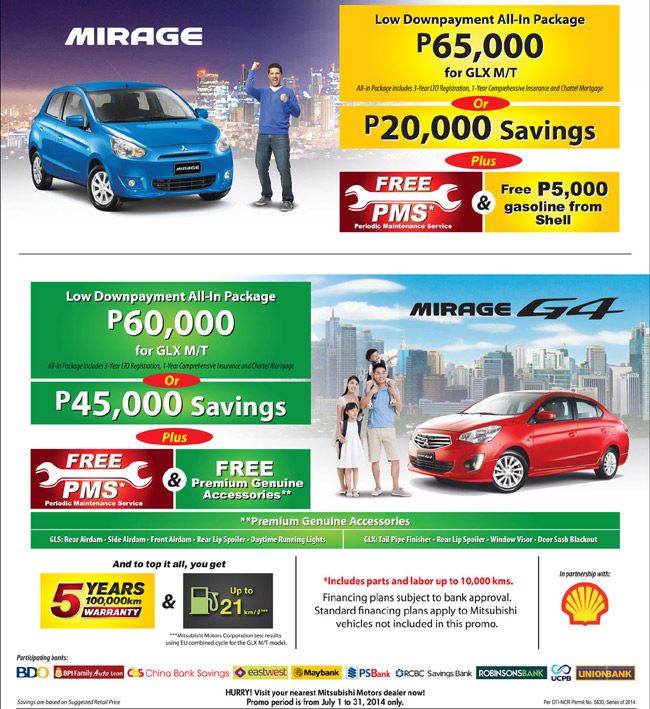 Mitsubishi Philippines entices Mirage, G4 shoppers with low downpayment schemes