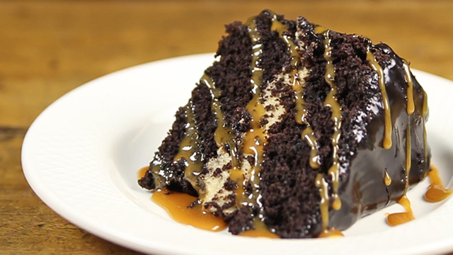 Chocolate moist cake with mocha filling and drizzled with caramel

