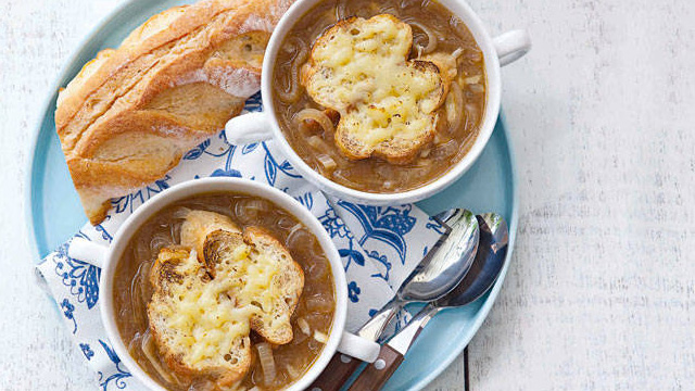 French onion soup with melted Gruyere cheese