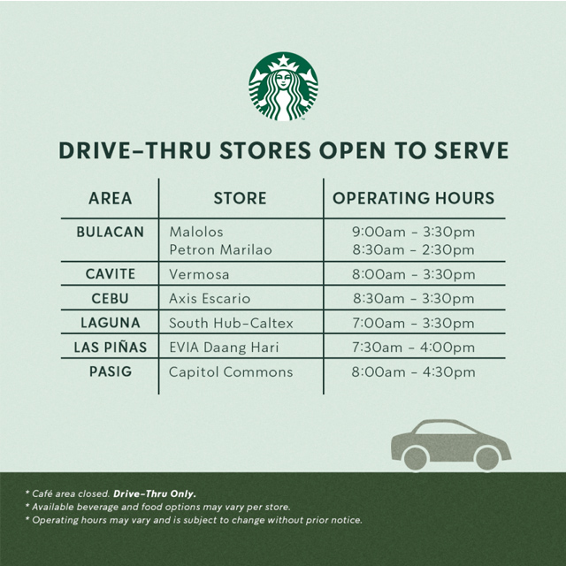 Starbucks branches open for drive-thru