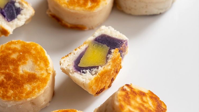 Hopia is commonly stuffed but these are made irresistible with ube jam and a square of cheese tucked into the pastry.