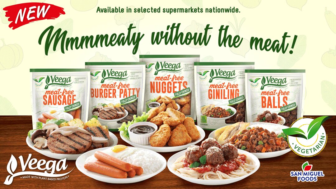 San Miguel Foods' Veega line: meat-free sausage, burger patty, nuggets, giniling, and meatballs