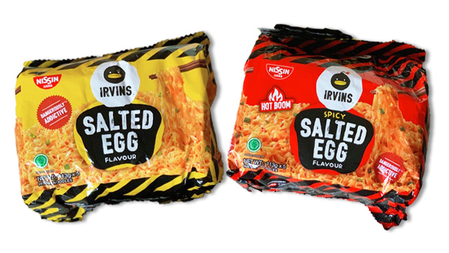 nissin irvin's hot boom spicy and regular salted egg instant noodles packets