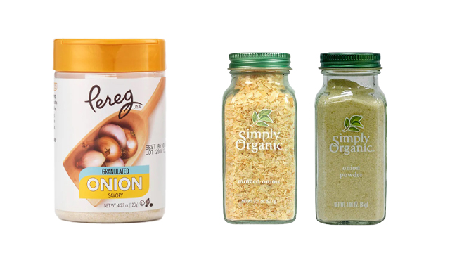 granulated onion onion flakes onion powder in bottles and containers