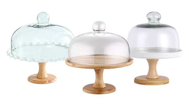 cake stands with glass domes and bamboo wooden stands