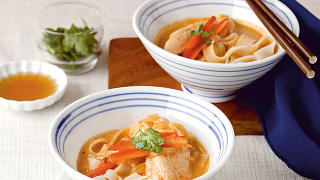 two bowls of thai chicken noodle soup